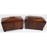 A Victorian mahogany sarcophagus-shaped two division tea caddy with mixing bowl, with knob handles