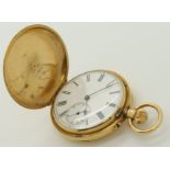 An 18ct gold full hunter pocket watch with white enamel dial, black Roman numerals and subsidiary