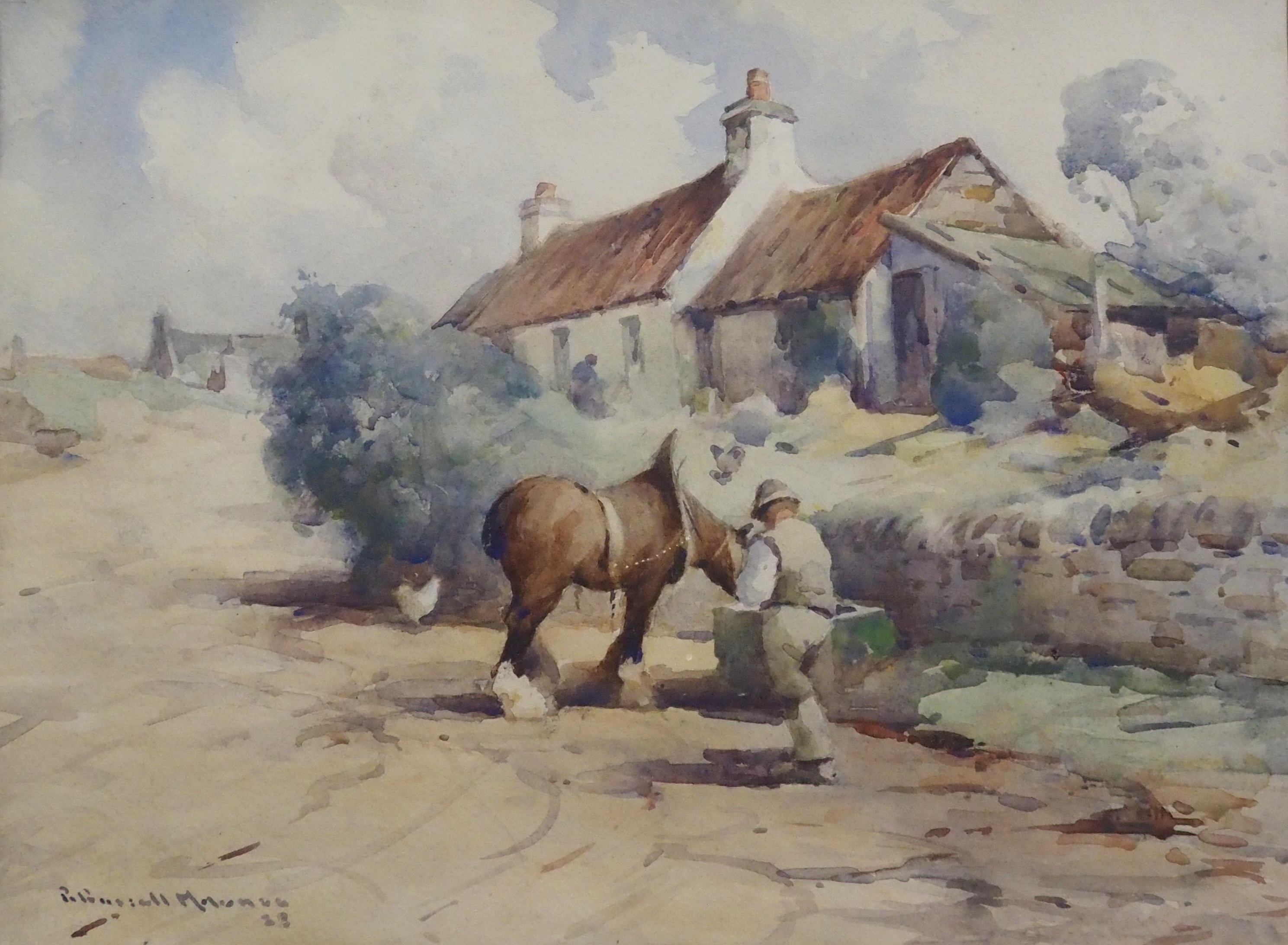 •ROBERT RUSSELL MACNEE GI (Scottish 1880 - 1952) FEEDING TIME Watercolour, signed, 30 x 40cm (11 3/4