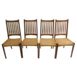 Four Danish style teak spindleback dining chairs with rush seats, 99cm tall (4)