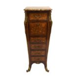A louis XV kingwood and marquetry escritoire with marble top above five drawers and hinged writing