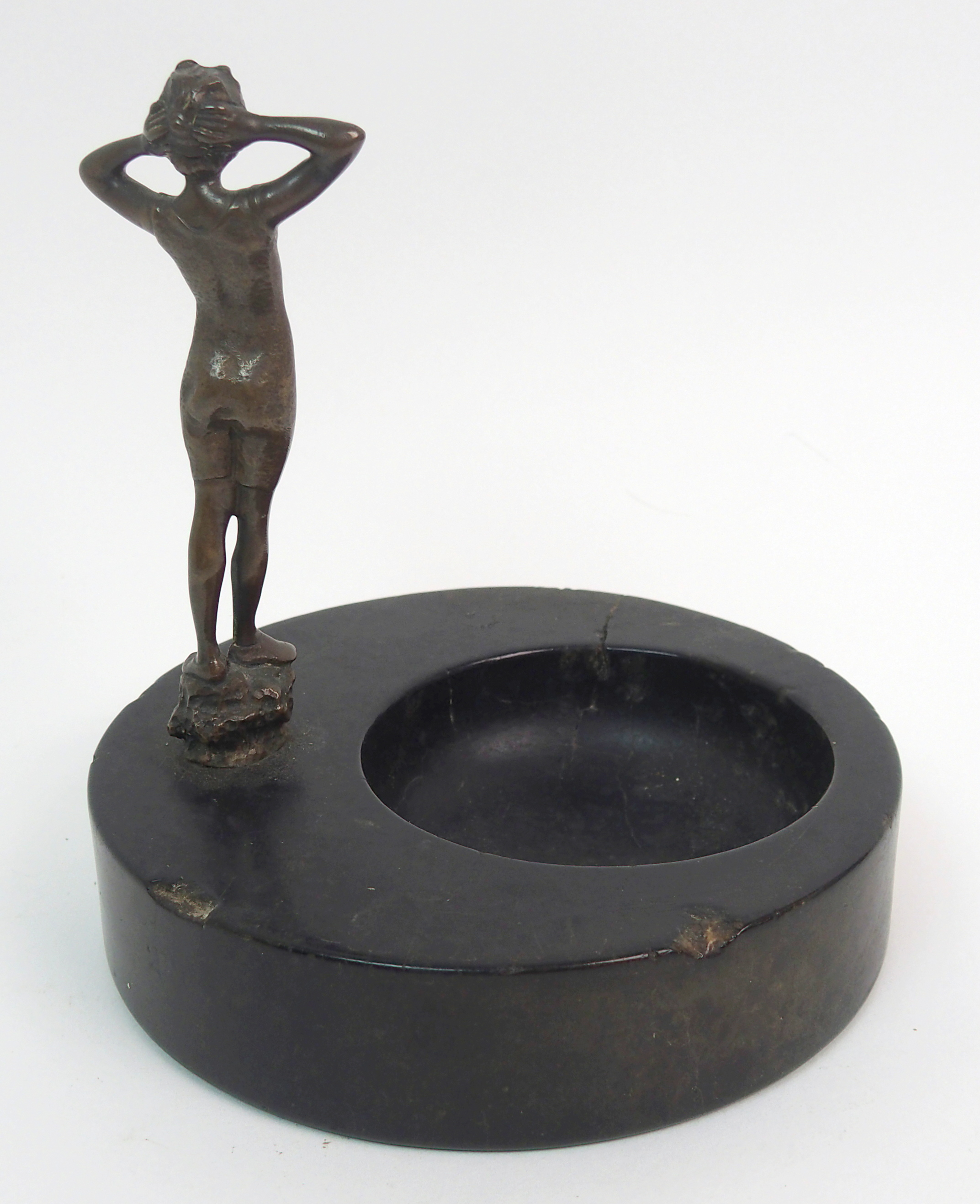 An Art Deco veined black marble trinket dish with bronzed figure of a lady in swimming costume, - Image 4 of 10