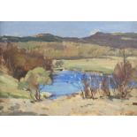 •ANNIE MORGAN (Scottish Fl. 1900 - 1945) THE BLUE LOCH Oil on panel, signed, 24 x 34cm (9 1/2 x 13