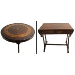 A Continental mahogany and inlaid circular table decorated with floral central medallion and