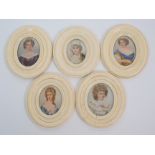 Five ivory oval framed portrait miniatures of elegant ladies oils on ivorine, images, 8 x 6cm,