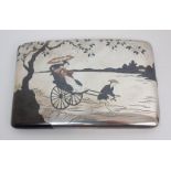 A Japanese silver cigarette case decorated with a lady pulled in a rickshaw beneath a tree, the