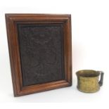 A Chinese tea block moulded with Austro-Hungarian emblem surrounded by Orientals, 21 x 16cm and an