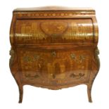 An Italian marquetry bombe bureau the top with foliate scrolls above the roll top inlaid with