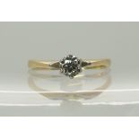 A yellow and white metal retro diamond solitaire of estimated approx 0.36cts, finger size Q1/2,
