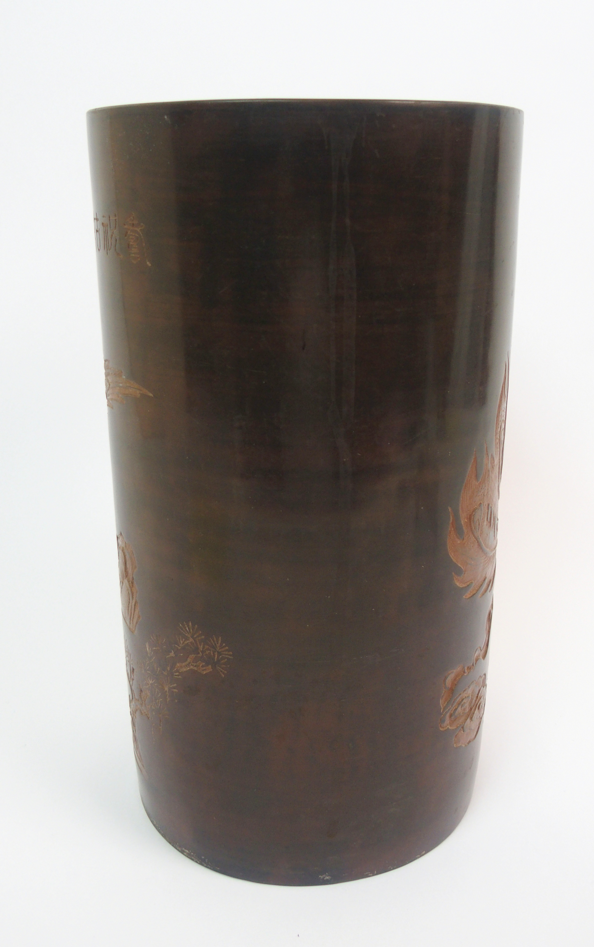 A Yixing cylindrical vase carved with a Goddess riding on a phoenix, above an attendant offering - Image 6 of 10