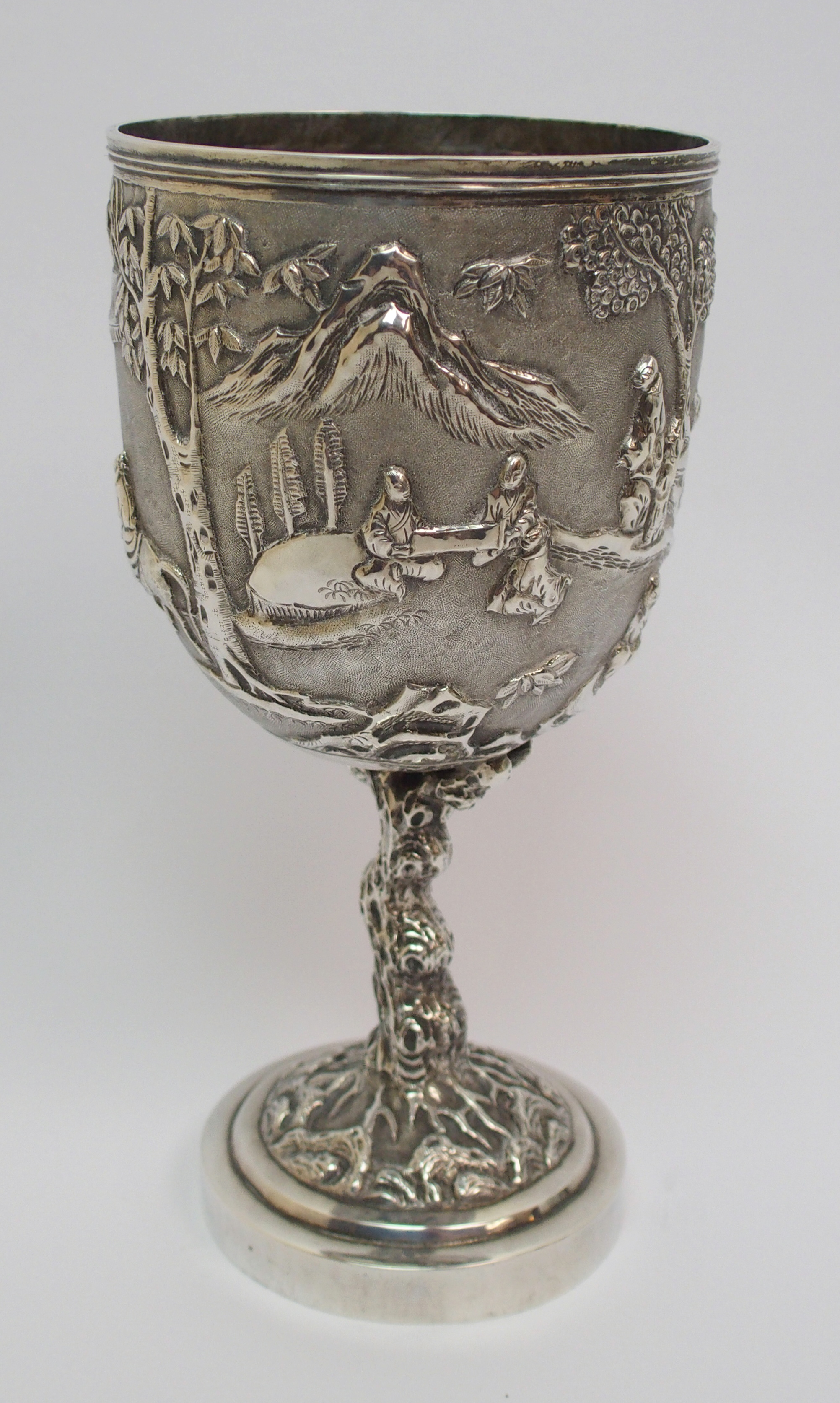 A Chinese Export silver goblet decorated with various figures in a mountainous landscape amongst - Image 6 of 10