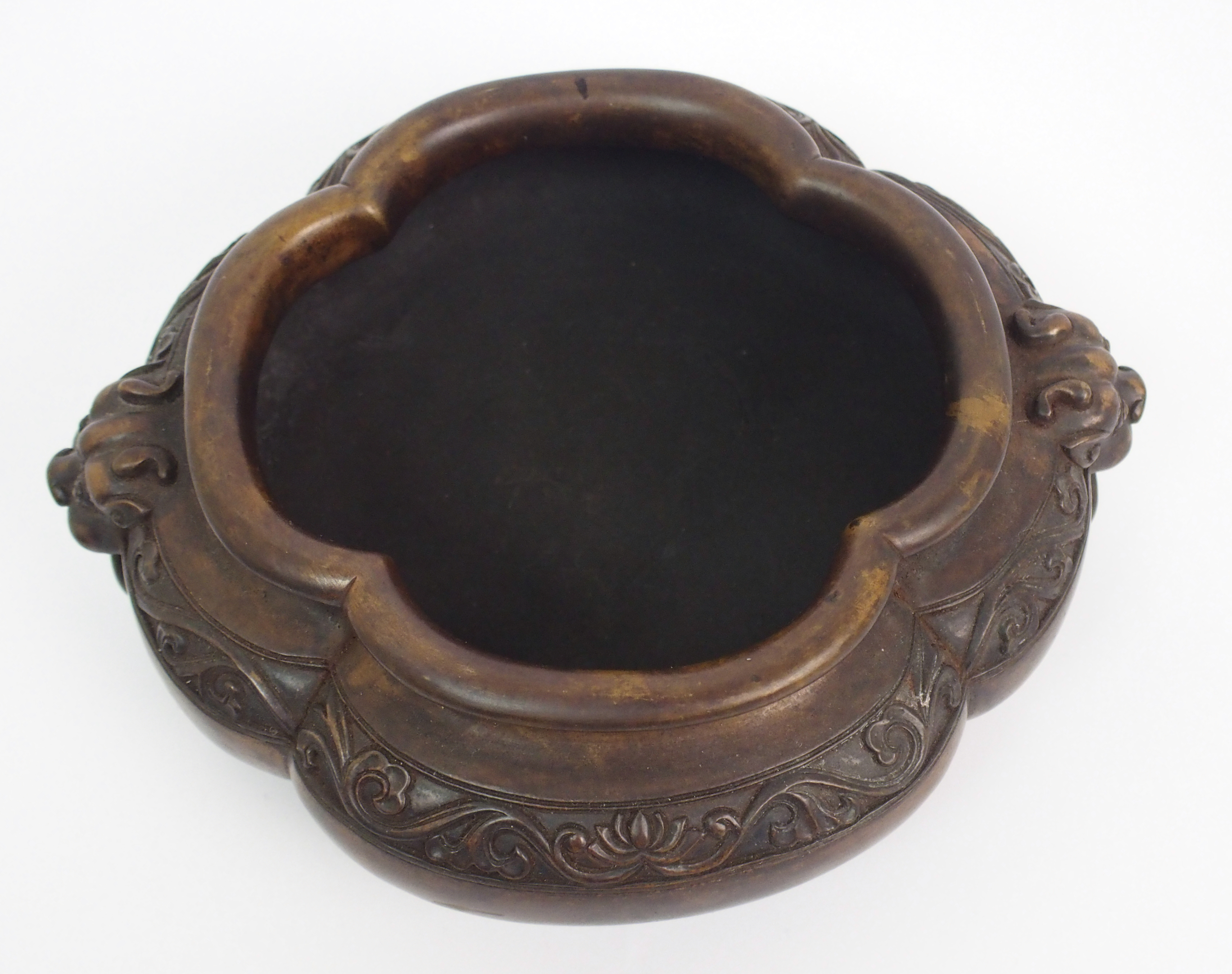 A Chinese bronze censer of quatrefoil lobed form, the shaped rim above a band of lotus and flanked - Image 3 of 10