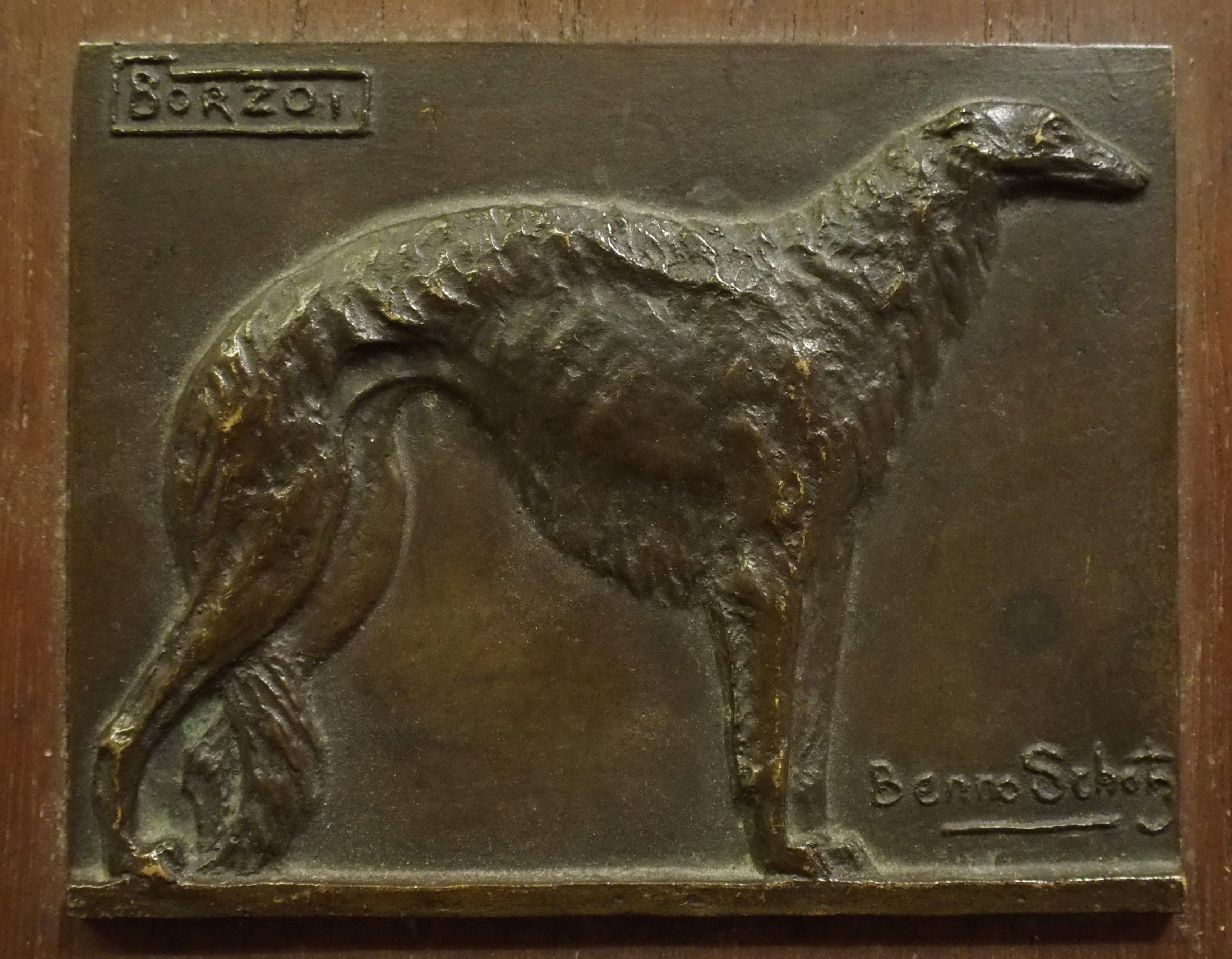 •BENNO SCHOTZ RSA, LLD Hon, FRIAS (Estonian/Scottish 1891 - 1984) BORZOI Bronze relief plaque,