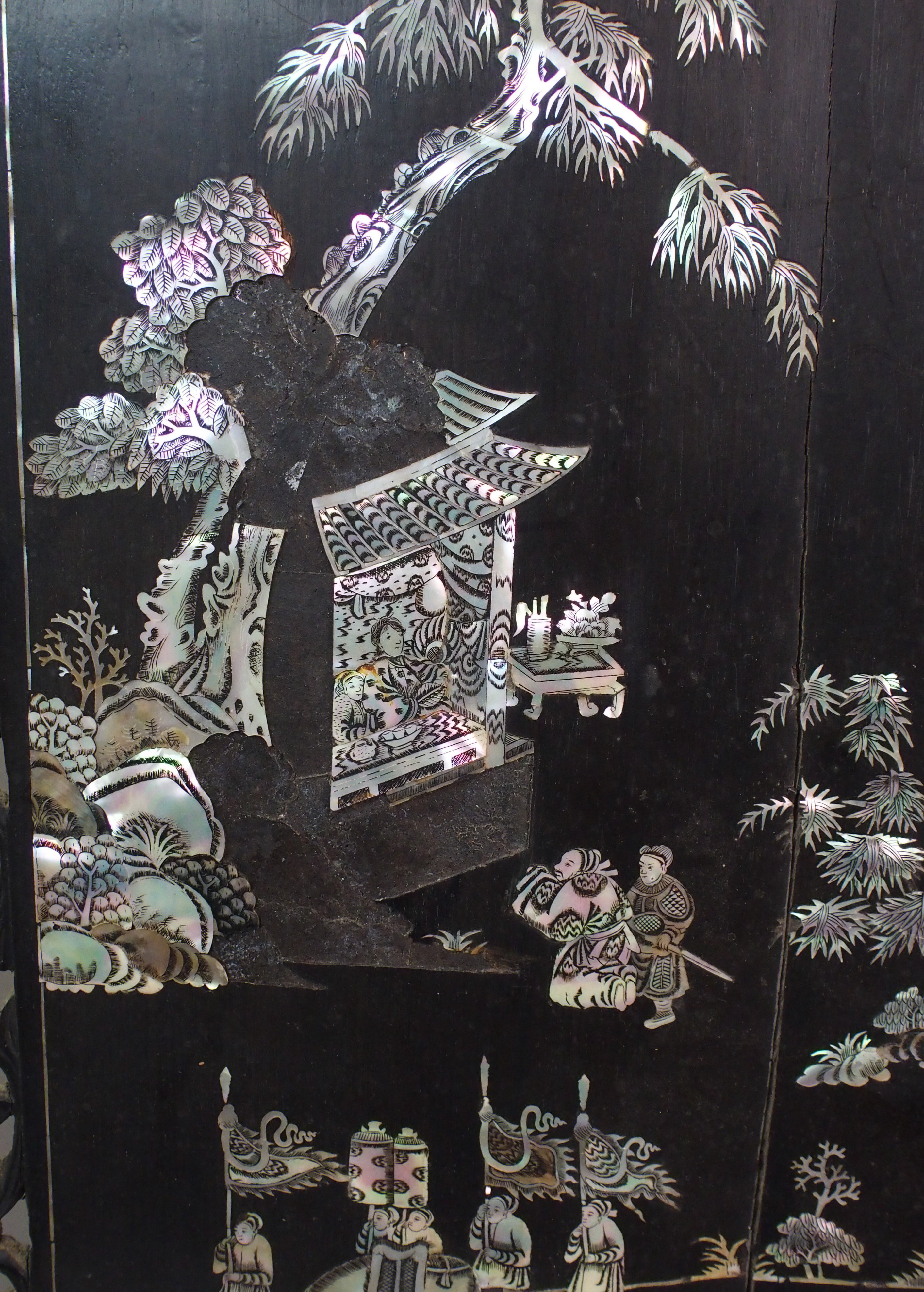 A Chinese hardwood and shell inlaid table screen decorated with figures, pagodas, birds and foliage, - Image 3 of 10