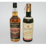 A bottle of Tomatin 10 year old malt whisky 40% vol and a bottle of Lauder's blended scotch