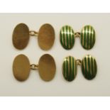 Two pairs of 18ct gold cufflinks one pair completely plain, made by Saunders & Shepherd, oval fronts