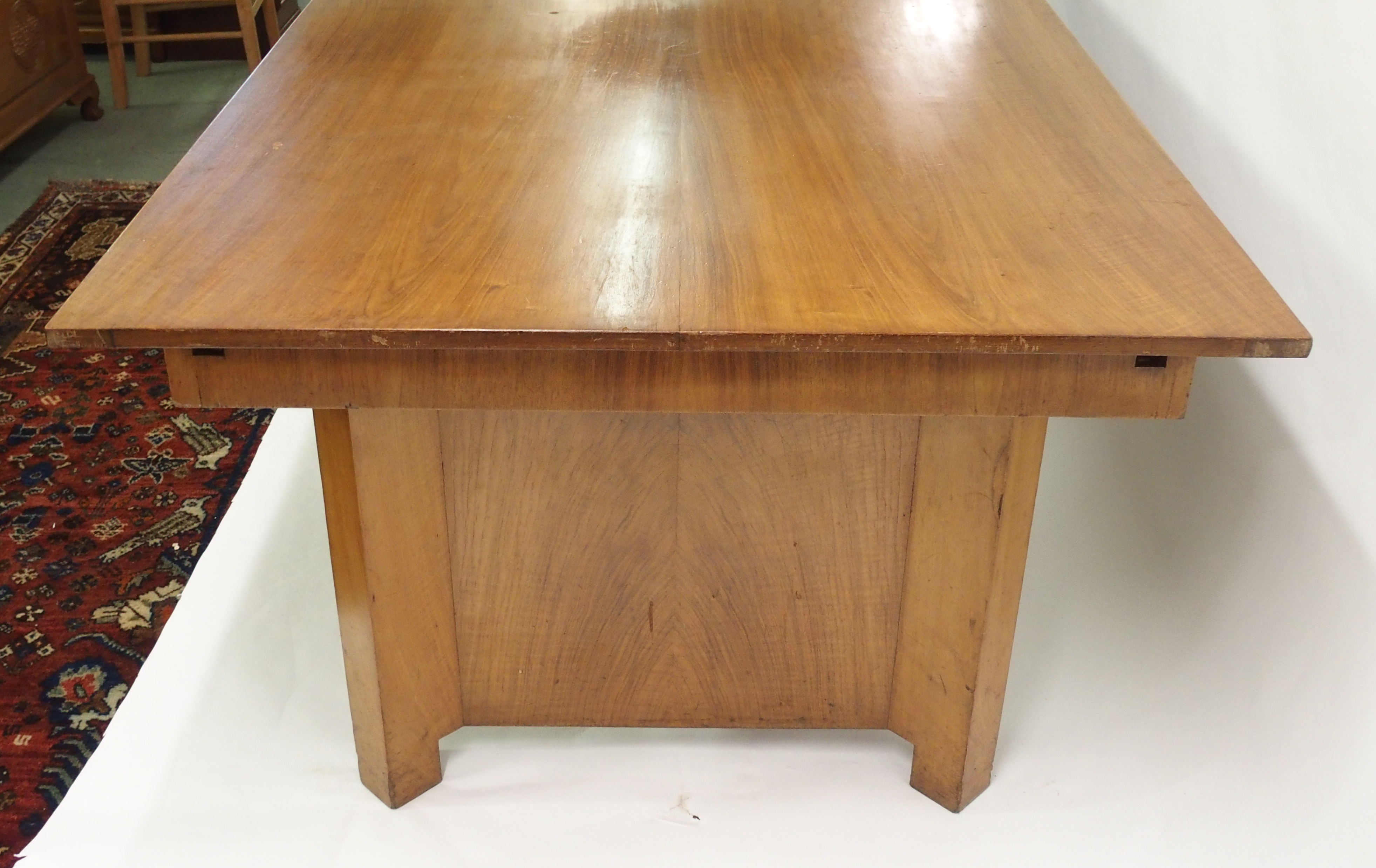 An Art Deco walnut dining suite comprising; extending dining table, 77 x 243 x 114cm, eight walnut - Image 5 of 10
