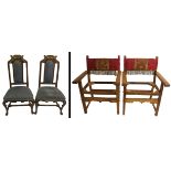 A pair of Spanish stained and carved parlour chairs with scallop and leaf cresting above upholstered