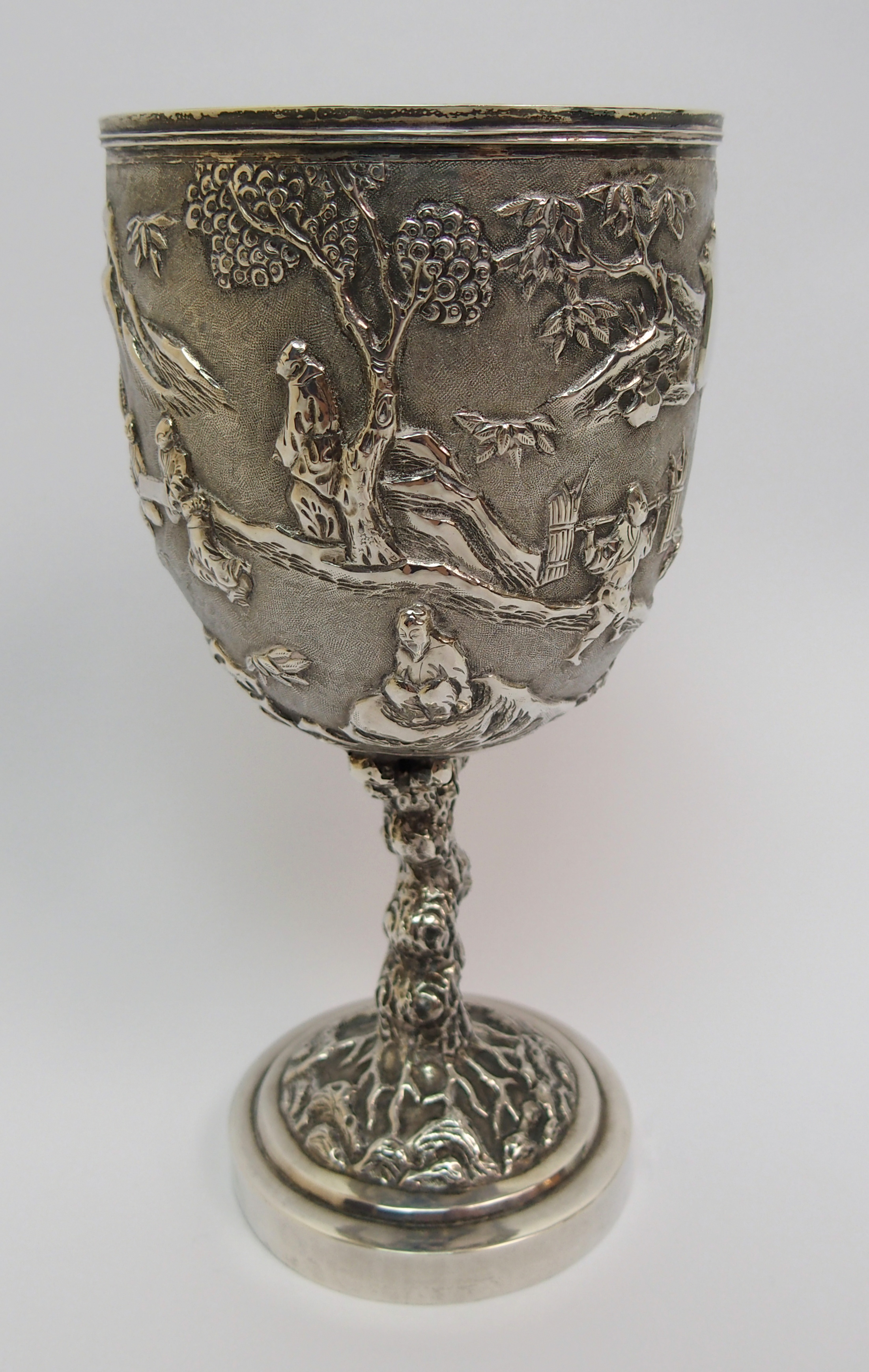 A Chinese Export silver goblet decorated with various figures in a mountainous landscape amongst - Image 4 of 10