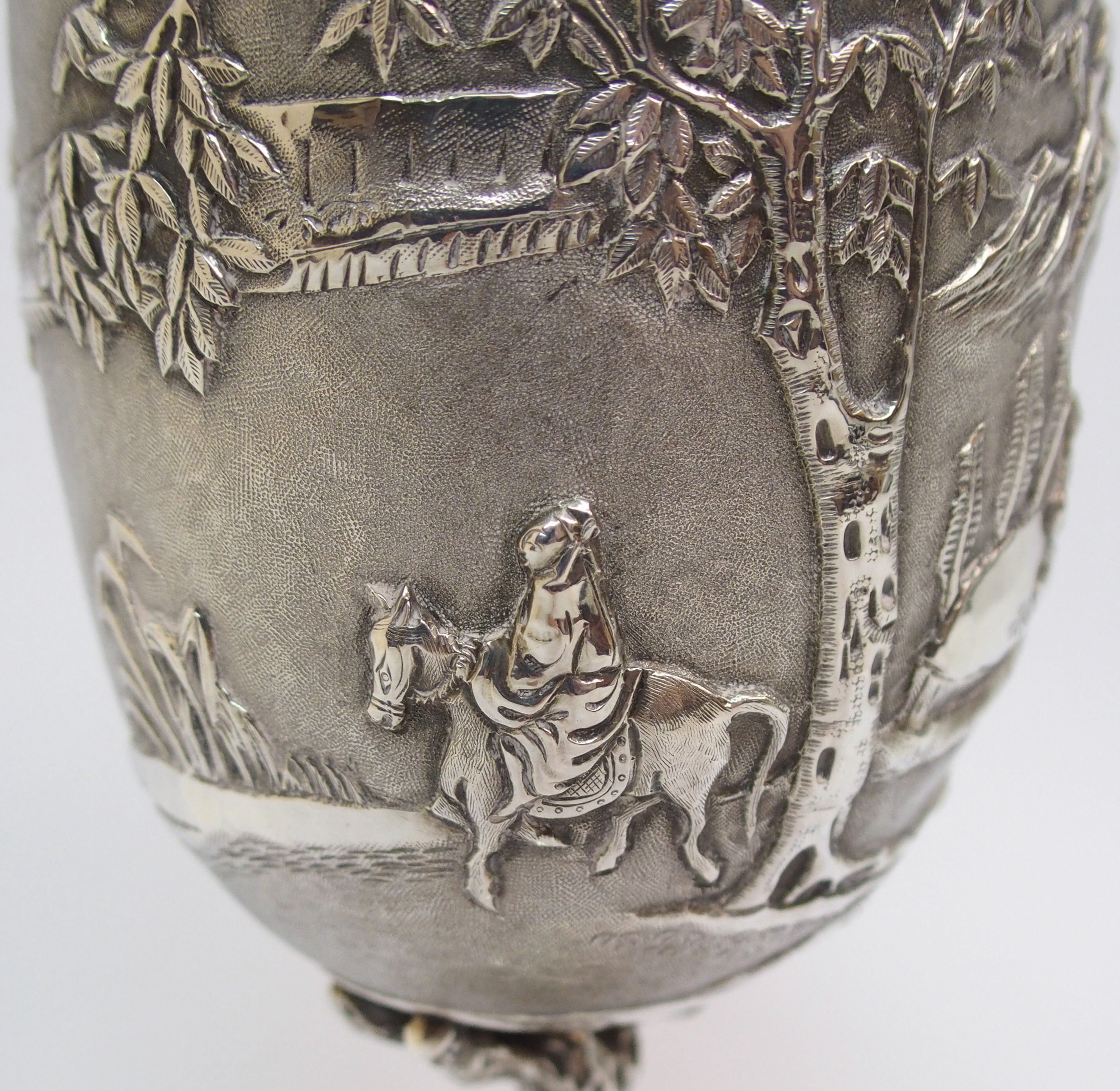 A Chinese Export silver goblet decorated with various figures in a mountainous landscape amongst - Image 7 of 10