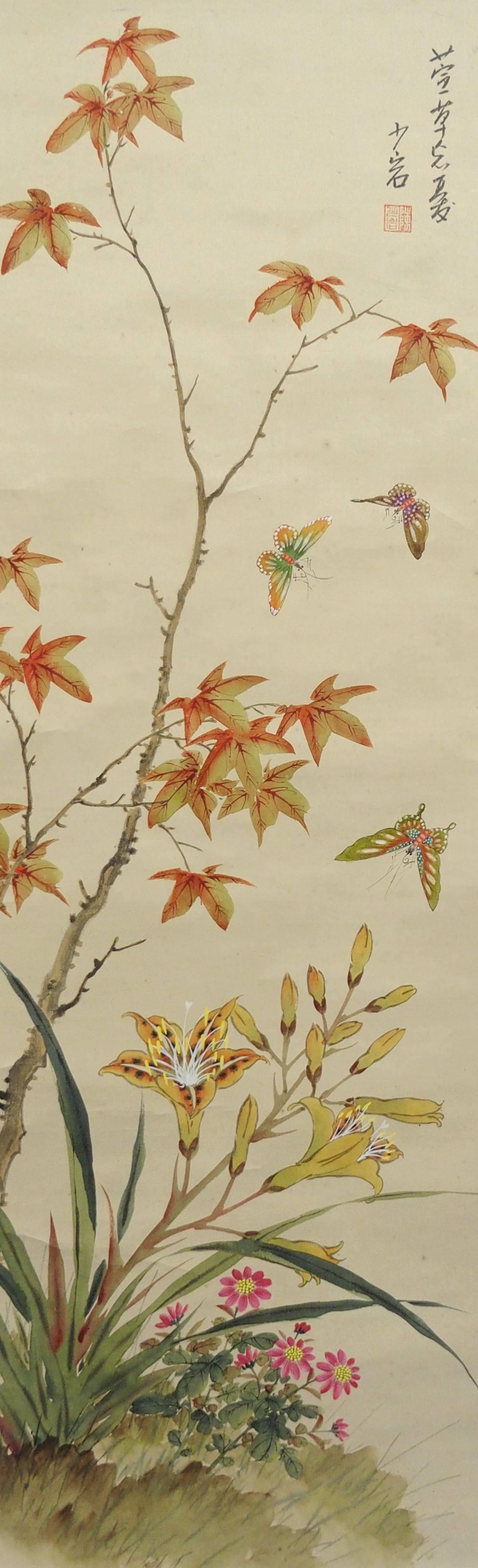 Three Chinese scroll paintings decorated with butterflies and foliage, 91 x 30cm, another with - Image 6 of 10