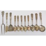 Five Chinese silver teaspoons cast with characters,11cm, two other teaspoons, 12.5cm long, pickle