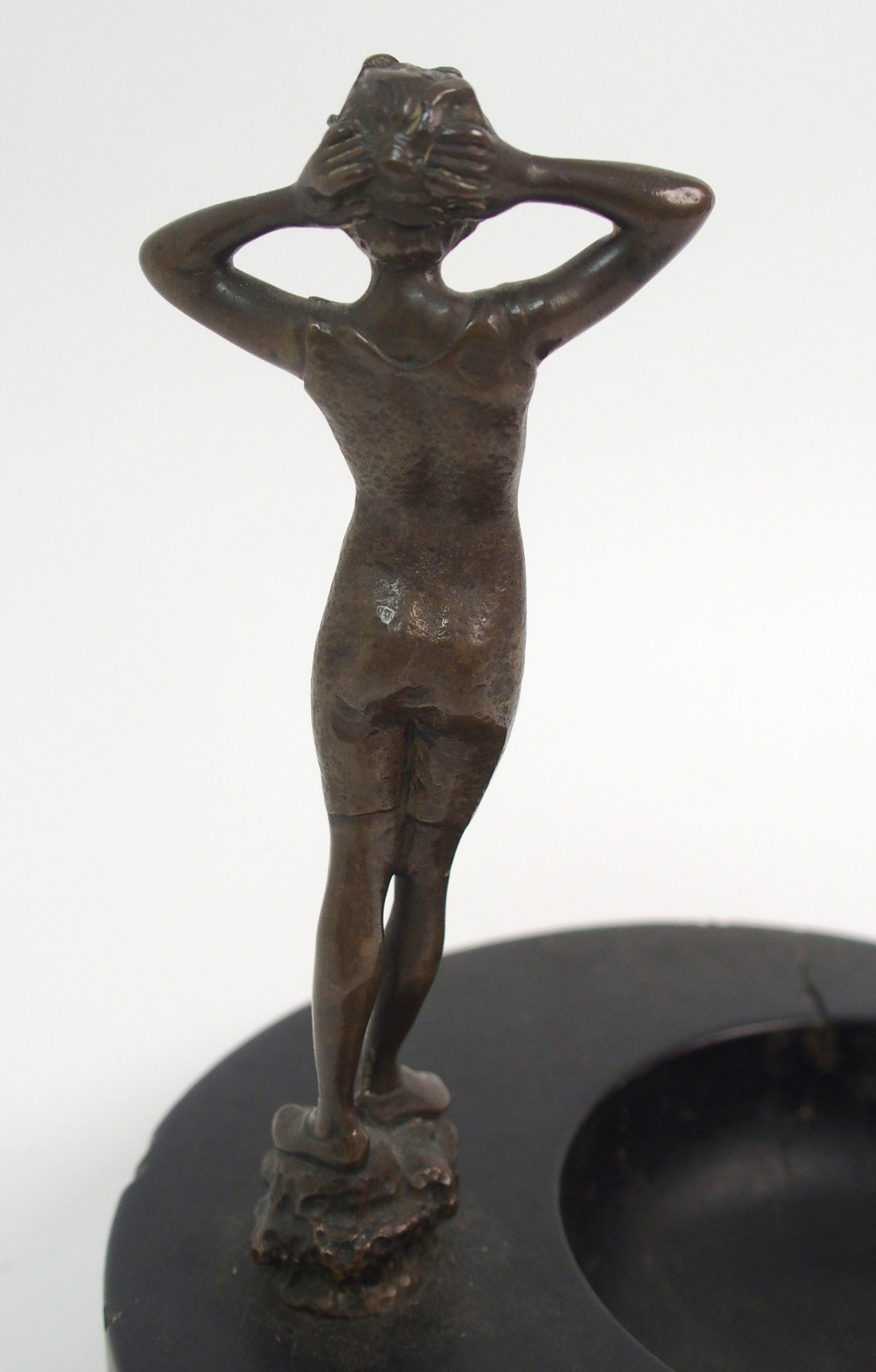 An Art Deco veined black marble trinket dish with bronzed figure of a lady in swimming costume, - Image 5 of 10