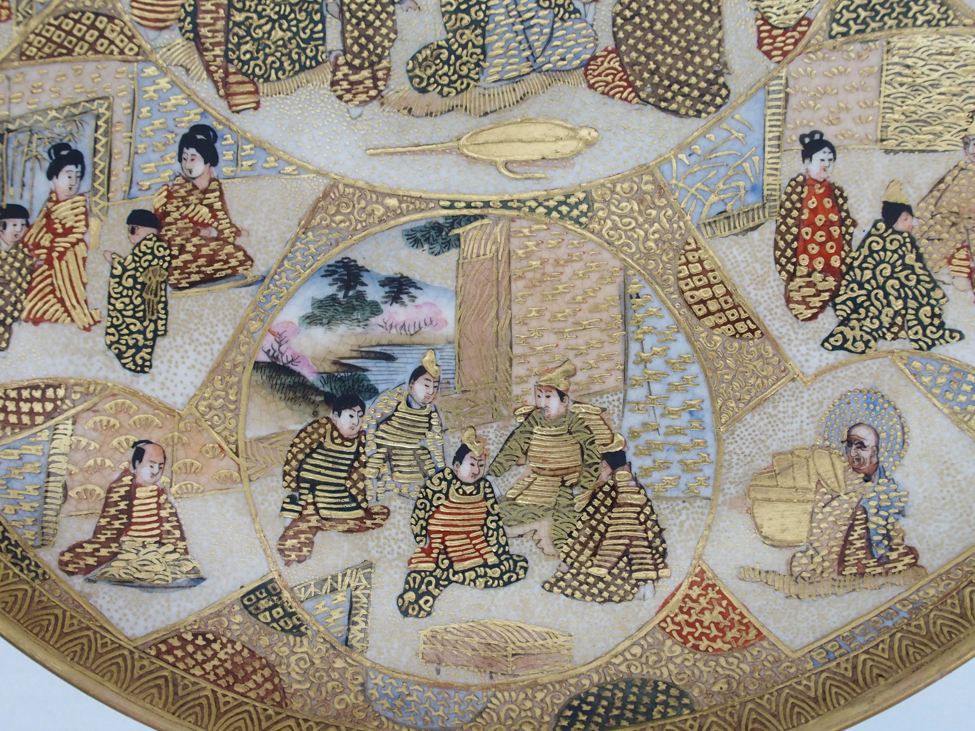 A Satsuma dish painted with Sennin and panels of figures within vignettes and amongst gilt diaper - Image 7 of 10