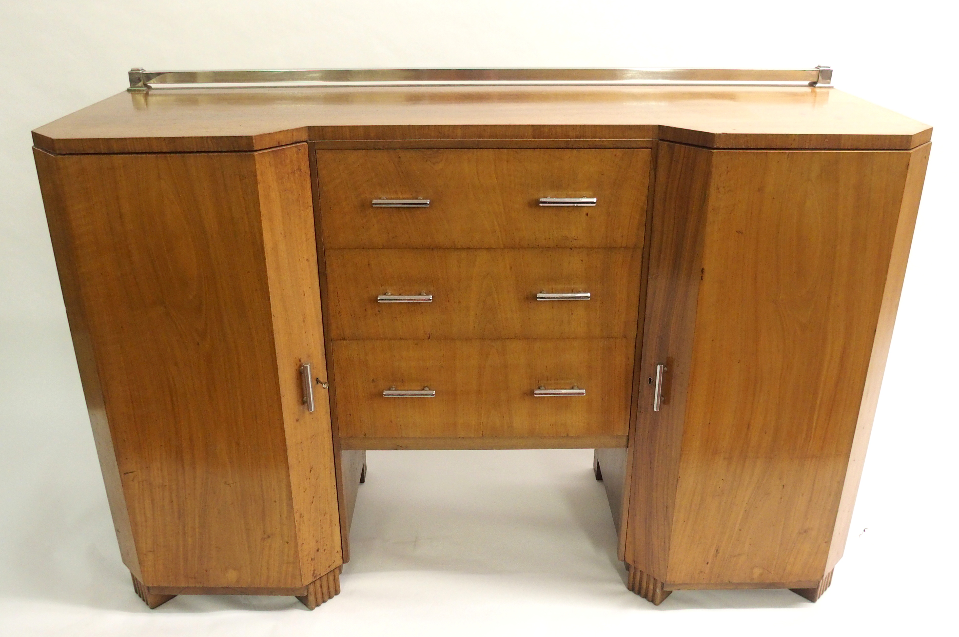 An Art Deco walnut dining suite comprising; extending dining table, 77 x 243 x 114cm, eight walnut - Image 6 of 10