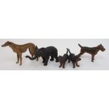A cold painted bronze of a Borzoi stamped Geschutz and three other cold painted figures including