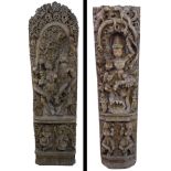 A large Burmese carved hardwood panel of a God and Goddess in an embrace, beneath scrolling