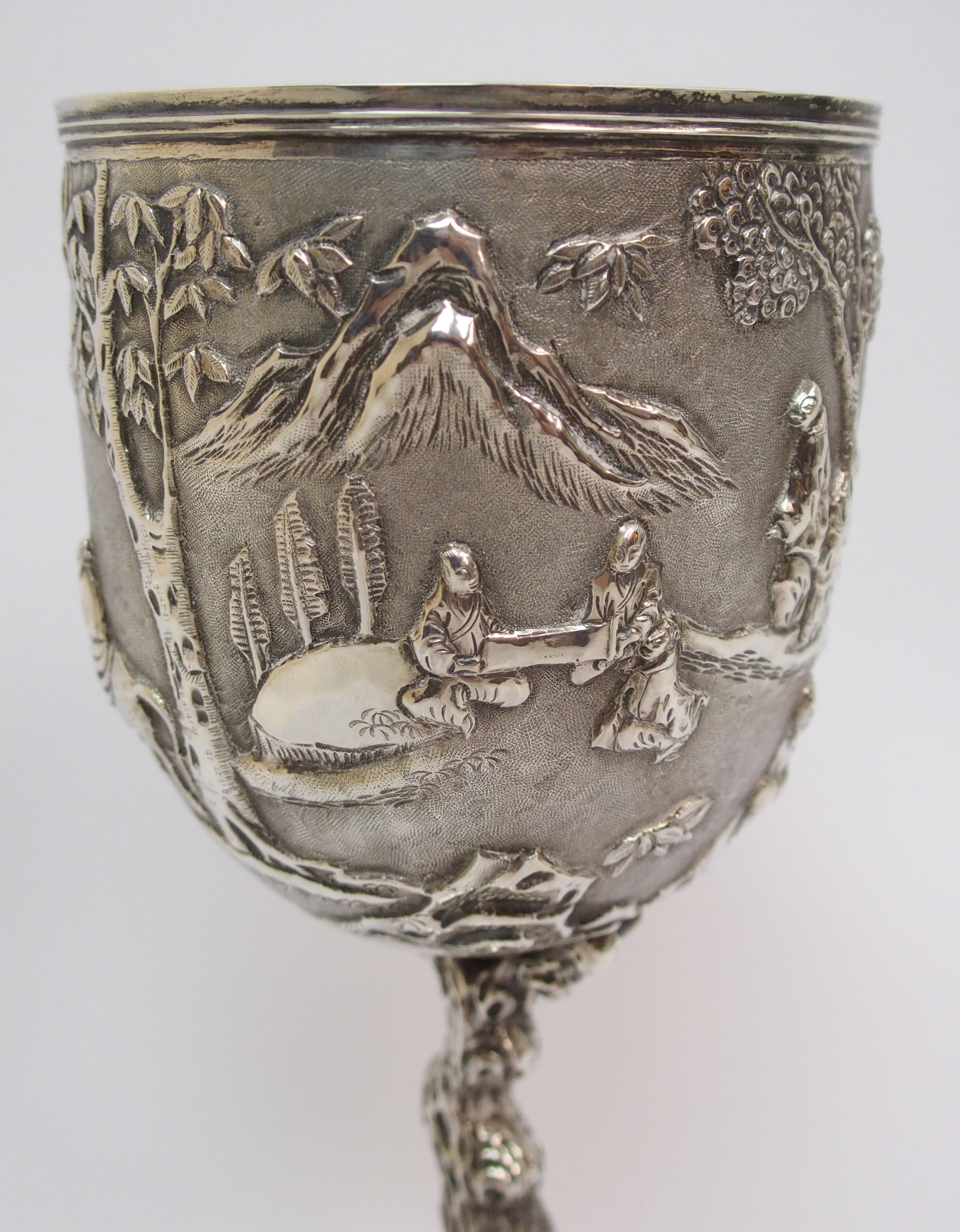 A Chinese Export silver goblet decorated with various figures in a mountainous landscape amongst - Image 5 of 10