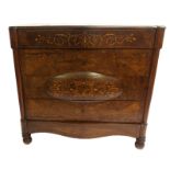 A Continental rosewood and burr walnut serpentine chest with five drawers flanked by pillars and