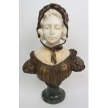 Affortunato Gory (active 1895-1925) Bronze and alabaster bust of a girl modelled wearing a bonnet,