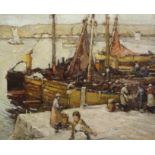 •THOMAS BONAR LYON (Scottish 1873 - 1955) UNLOADING THE BOATS AT TARBERT LOCH FYNE Oil on canvas