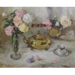 •ERNEST BURNETT HOOD (Scottish 1932 - 1988) STILL LIFE WITH ROSES AND TEAPOT Oil on board, signed,