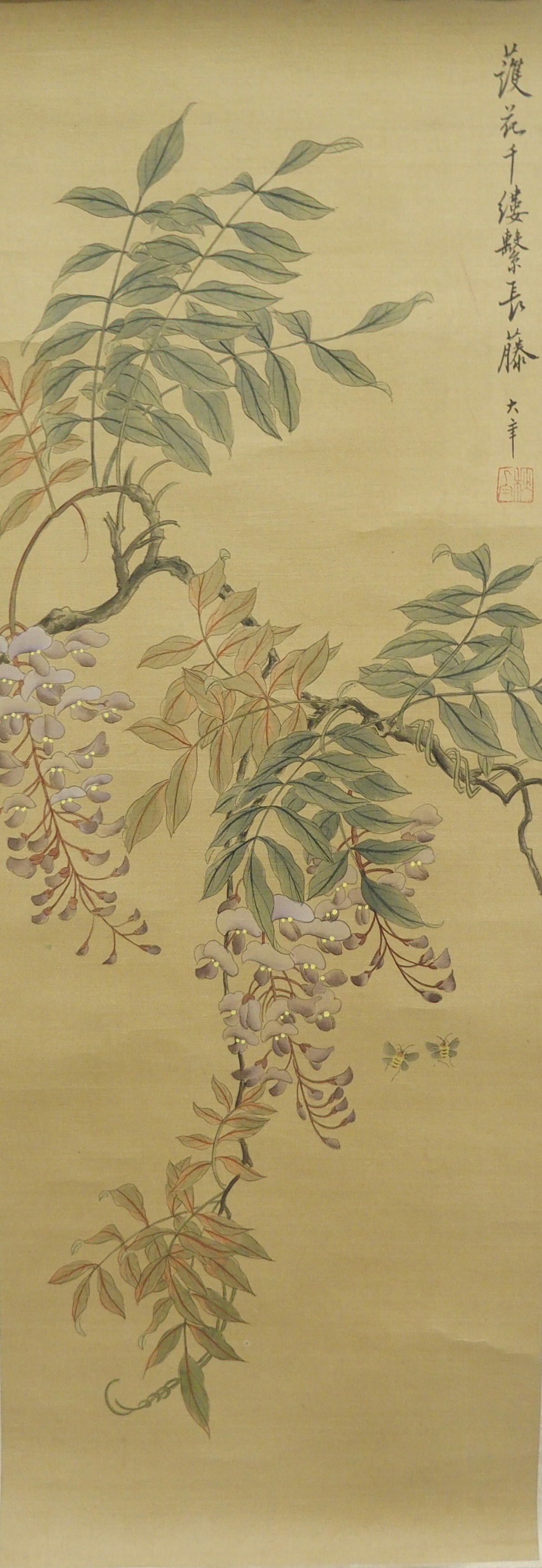 Three Chinese scroll paintings decorated with butterflies and foliage, 91 x 30cm, another with - Image 3 of 10