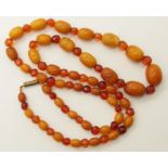 A string of amber coloured beads of alternate clear faceted orange and opaque orange amber