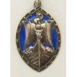 A silver Alexander Ritchie Viking longship pendant enamelled in blue, dimensions 4.7cm x 2.4cm,