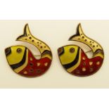 Two silver David Andersen fish brooches enamelled in red, black and yellow, length of both fishes