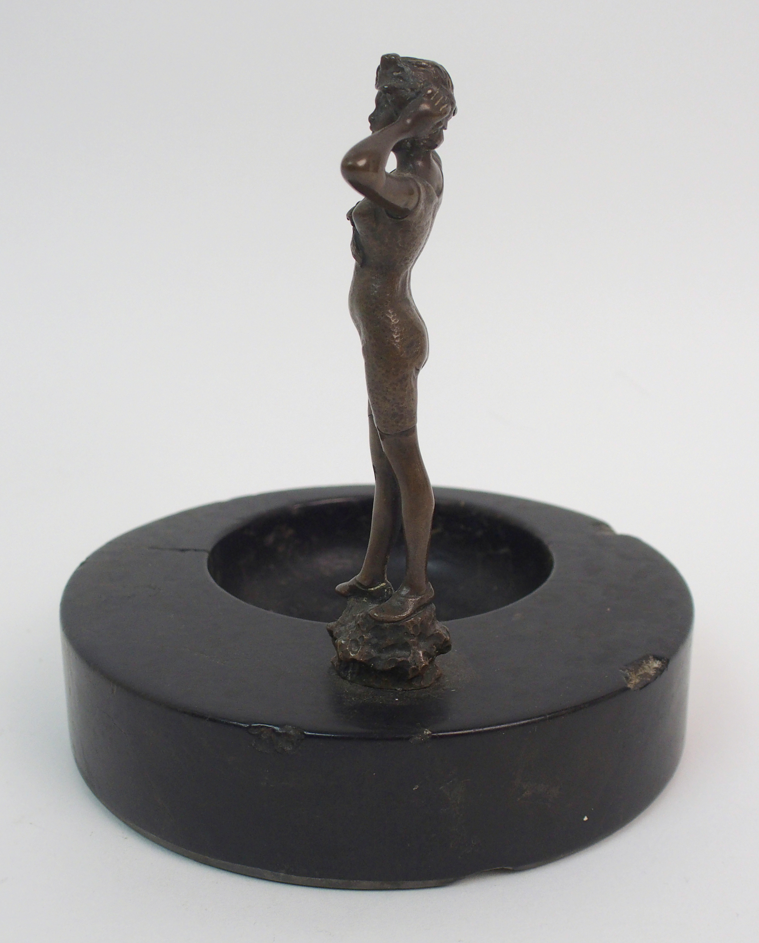 An Art Deco veined black marble trinket dish with bronzed figure of a lady in swimming costume, - Image 6 of 10