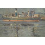 ROBERT D PASQUOLL (Scottish 1881 - 1927) MERCHANT SHIP ON THE CLYDE Oil on panel, signed, 19 x