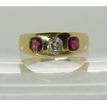 A bright yellow metal band ring set with an old cut diamond diamond estimated approx 0.48cts, red