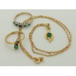 A collection of emerald jewellery comprising; An 18ct gold diamond and emerald pendant with a 9ct