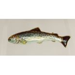 An enamelled brown trout brooch made in 15ct gold and silver to replicate the markings of the trout,