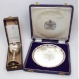 A commemorative silver salver circular form with an applied beaded border, the centre engraved