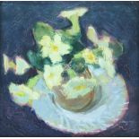 •MARGARET THOMAS RBA, RWA (British 1916 - 2016) PRIMROSES Oil on board, 14.5 x 14.5cm (5.3/4 x 5.3/