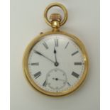 An 18ct gold open face pocket watch with white enamel dial, black Roman numerals, subsidiary seconds