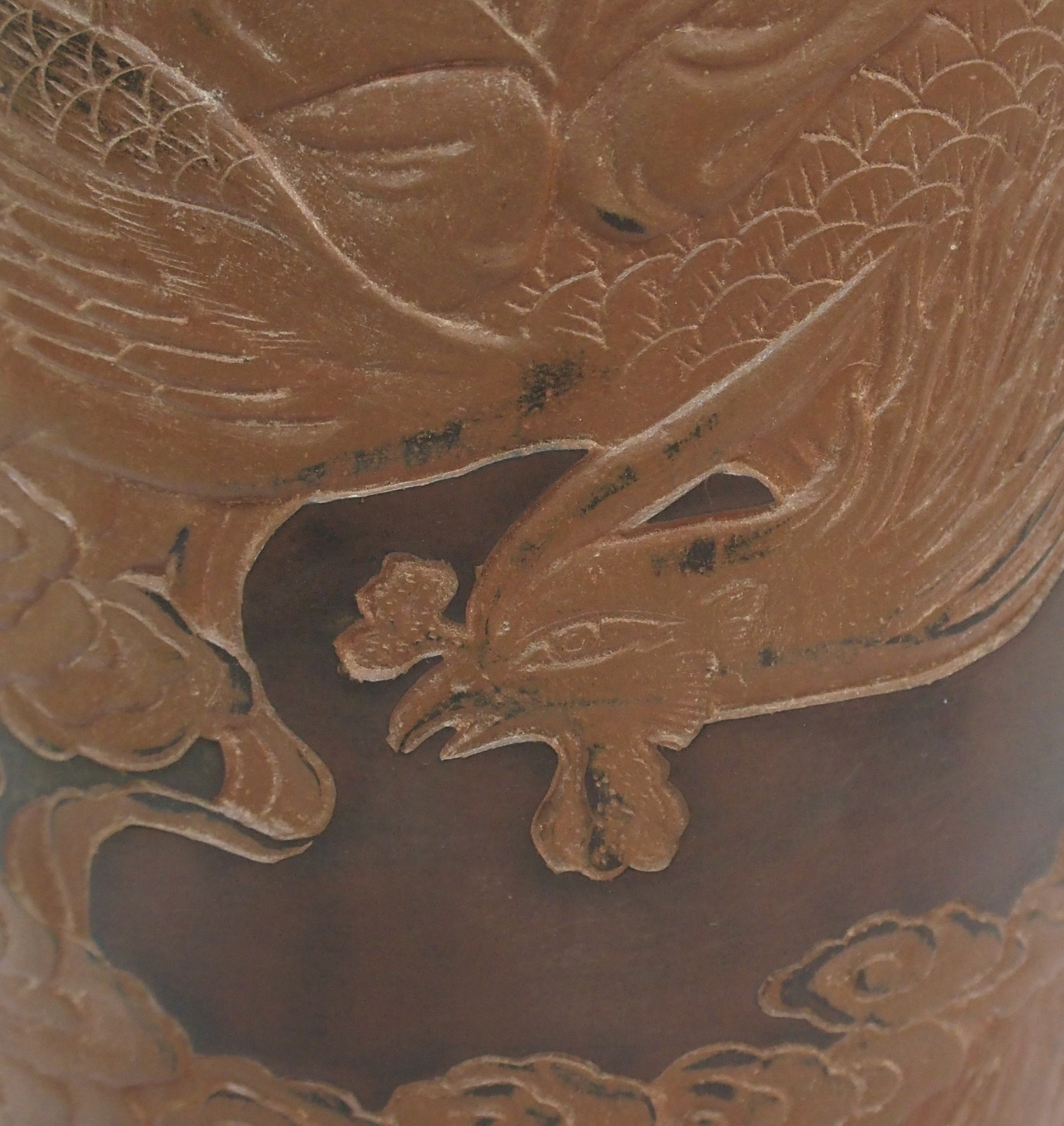 A Yixing cylindrical vase carved with a Goddess riding on a phoenix, above an attendant offering - Image 3 of 10