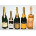 A bottle of Glenmorangie malt whisky, 1 litre in carton 43% vol, three bottles of champagne, Veuve